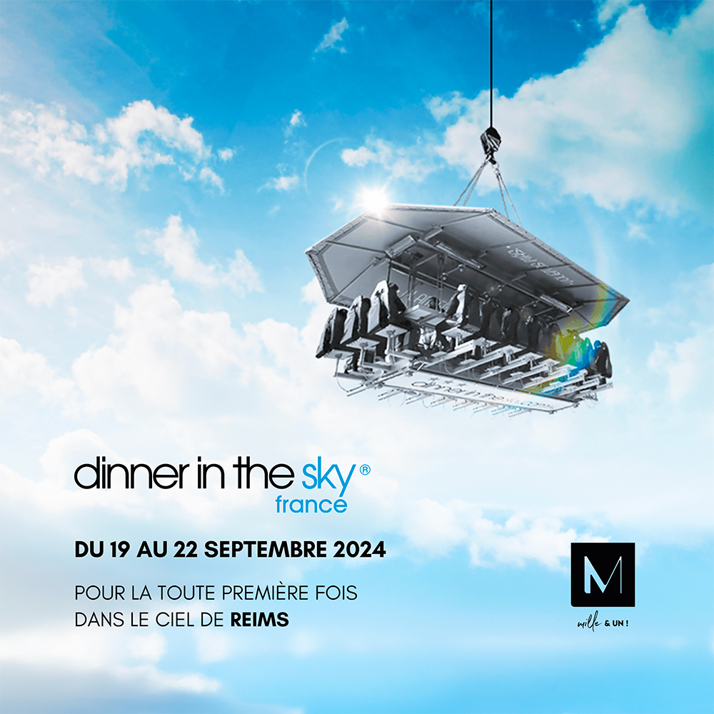 Nacelle dans le ciel de Dinner in the Sky x Relais du goût avec le texte et le logo de l'association Mille & Un !